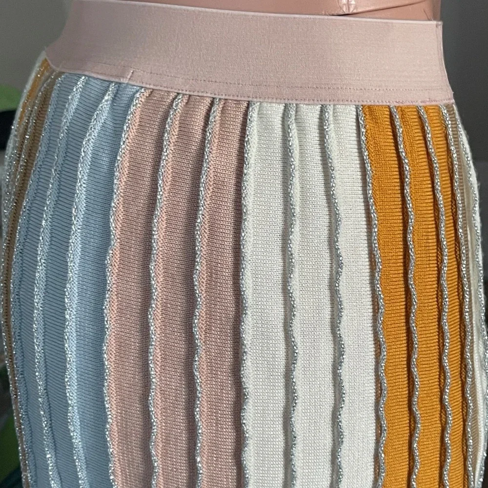 Eva Franco Multicolor Pleated Skirt M Stretch Waist Metallic Ribbed Stripes‎